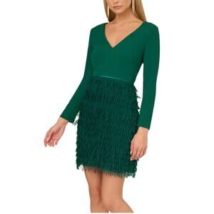 Adrianna Papell Long Sleeve Fringed Sheath Cocktail Party Dress Green Size 12